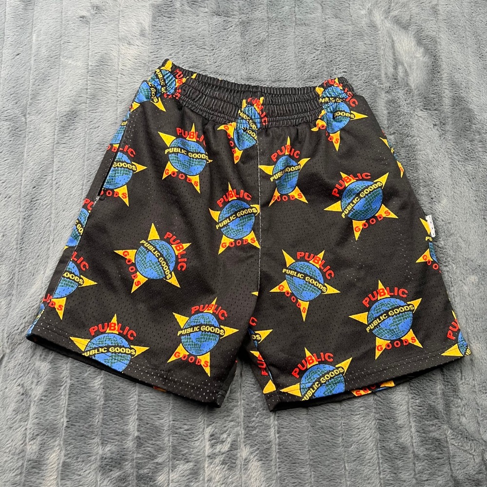 Public Goods Mens Mesh Basketball Shorts Black All Over Logo Print Size M